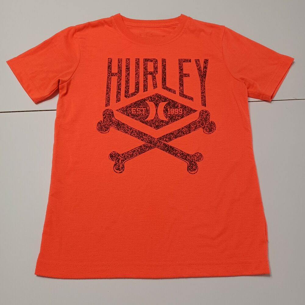 Hurley Boys Medium Activewear T-Shirt Orange Crew Neck Loose Fit Large Logo